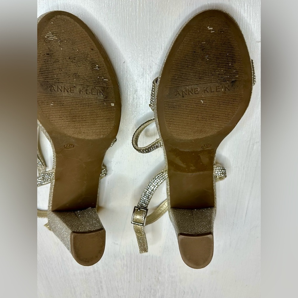 Anne Klein Gold Rhinestone Block Heel Sandals 7.5 M Ankle Strap Dress Shoes - Picture 6 of 11